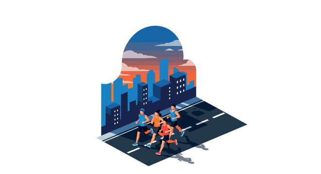 Urban runners in modern isometric cityscape at sunset