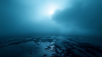 Misty seascape with deep blue fog, reflective tidal pools, and dramatic light breaking through dense clouds over a tranquil shoreline scene - Powered by Adobe