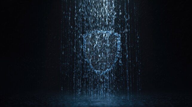Digital shield made of binary code, protected by a cascade of blue data streams, symbolizing advanced cybersecurity and data integrity.