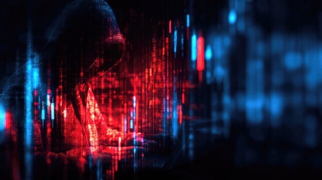 Dark silhouette of a hooded hacker using a laptop, immersed in a glowing digital interface with red and blue data streams.