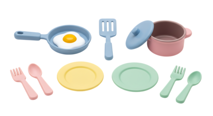 Toy kitchen play set with frying pan, egg, spatula, pot, plates, forks, and spoons