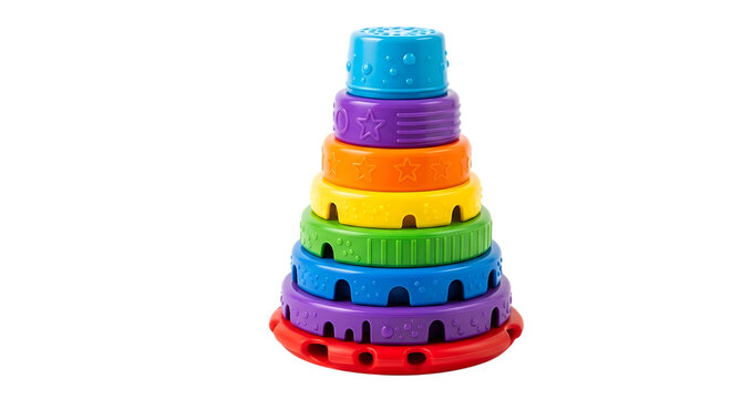 Stackable Rainbow Colored Plastic Baby Toy Rings on Black Background Keywords: stacking rings, baby toy, toddler toy, educational toy, developmental toy