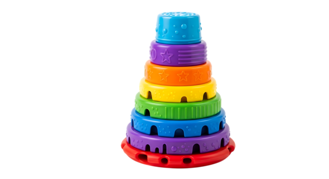 Stackable Rainbow Colored Plastic Baby Toy Rings on Black Background Keywords: stacking rings, baby toy, toddler toy, educational toy, developmental toy