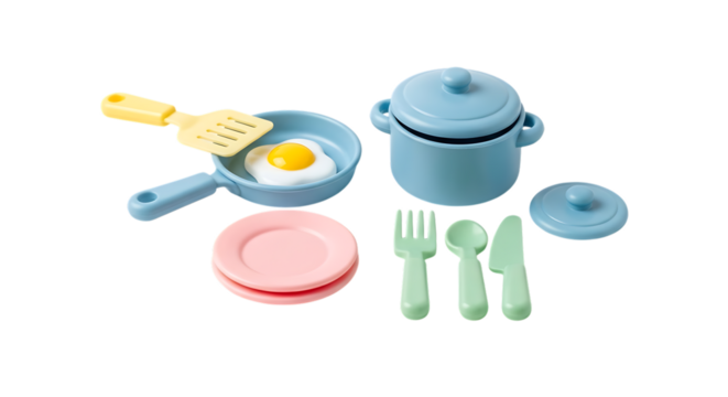Toy Kitchenware Set With Fried Egg Pot Pan Plates Fork Spoon Knife And Spatula Keywords: toy kitchen, play food, cooking toy, pretend play, miniature kitchen