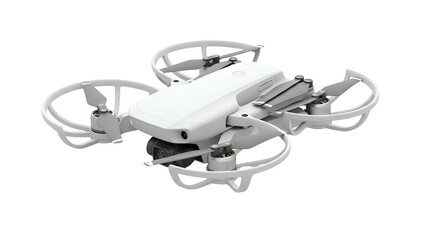 Isolated white drone with propeller guards and a front-facing camera against black background