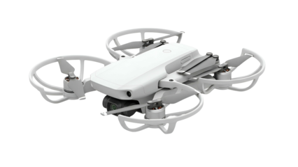 Isolated white drone with propeller guards and a front-facing camera against black background