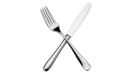 A shiny silver fork and knife crossed on a stark black background, ideal for food imagery