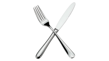 A shiny silver fork and knife crossed on a stark black background, ideal for food imagery