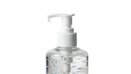Clear gel hand sanitizer in a transparent plastic bottle with a white pump, on a black background
