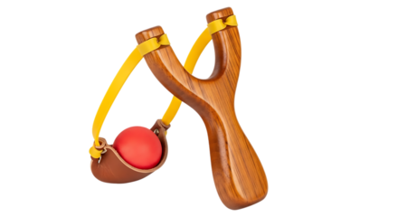 Wooden slingshot with a red ball in the leather pouch on a black background Keywords: slingshot, toy, weapon, projectile, wood, wooden, red, ball, leather