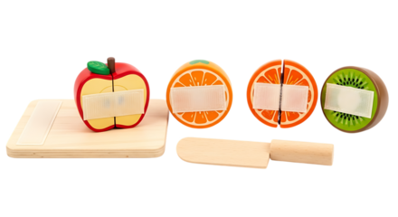 Wooden Toy Fruits and Knife on a Cutting Board with Bandages wooden toys toy knife