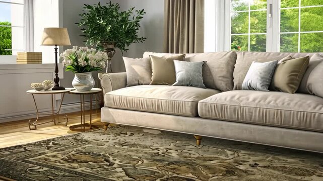 A stylish couch with soft cushions complements the bright and inviting living room filled with natural light and greenery