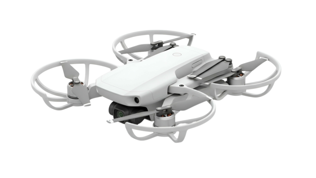 Isolated white drone with propeller guards and a front-facing camera against black background