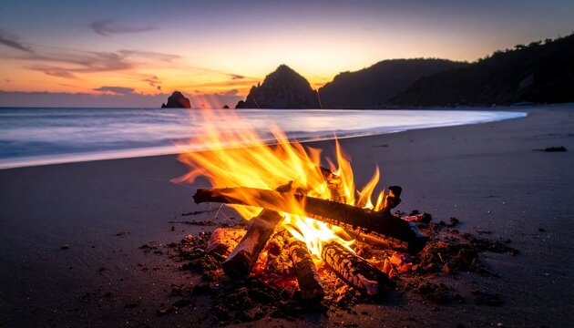Beach campfire burning at dusk, waves softly breaking on shore, hills silhouetted against an orange and purple sky - Powered by Adobe