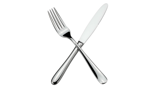 A shiny silver fork and knife crossed on a stark black background, ideal for food imagery