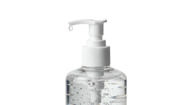 Clear gel hand sanitizer in a transparent plastic bottle with a white pump, on a black background