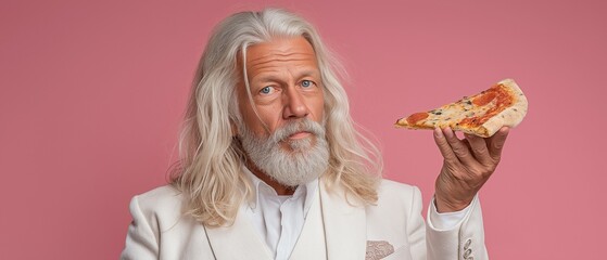 An unconventional man in a white suit with long white hair, a joyful face, and a slice of pizza