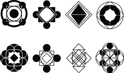 Collection of abstract geometric shapes and symbols in black and white