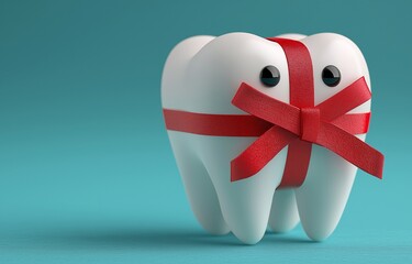Turquoise tooth model in white with red ribbon.  Gift idea for dental care.