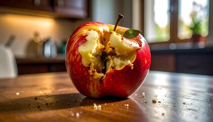 Bitten red apple with crumbs on a wood table in a bright room
