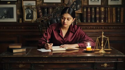 Serious young asian woman writing a document at a classic wooden desk in a vintage library. Female lawyer or scholar working by candlelight with scales of justice on the table - Powered by Adobe