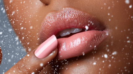 Glossy dark skin lips with pale pink nail polish on fingertip surrounded by falling snowflakes in close up