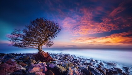 Serene Tree On Rocky Shore With Ethereal Light Trail And Dramatic Colorful Sky
