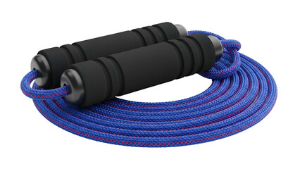 A coiled, blue and red rope with black foam handles against a black background