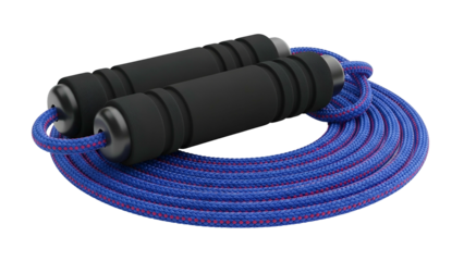 A coiled, blue and red rope with black foam handles against a black background