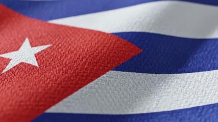 Cinematic macro footage of the Cuban flag creating gentle fabric waves under soft wind, emphasizing detailed fibers and iconic colors for patriotic or national celebration projects.