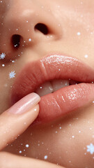 Fototapeta premium Glossy lips with soft skin and delicate fingertip close up with snowflake effect creating serene winter beauty mood