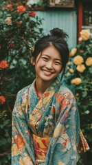 A young Asian woman smiling while donning a traditional flowery kimono