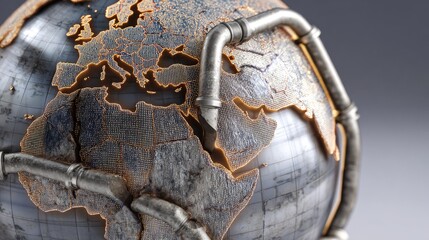 A digital globe with glowing data-grid continents traversed by industrial pipes, symbolizing global connectivity, resource transfer, and intricate infrastructure networks.