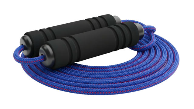 A coiled, blue and red rope with black foam handles against a black background