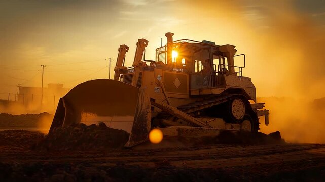 Powerful bulldozer working through dust at sunset on an active construction site with dramatic golden light highlighting heavy machinery