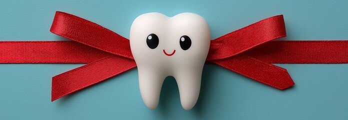 Turquoise tooth model in white with red ribbon.  Gift idea for dental care.