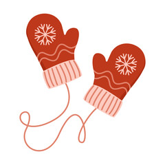 Red Gloves. Knitted Winter mittens with snowflakes. Mittens connecting. Christmas decoration element. Hand drawn vector illustration isolated