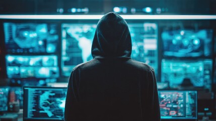 A hooded figure observes multiple glowing blue screens with complex data, network maps, and digital information, hinting at cyber activity.