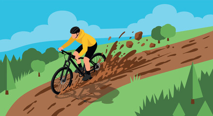 Mountain biking adventure: cyclist navigating muddy trail in dynamic outdoor landscape scene