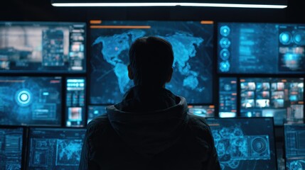 A person observes multiple glowing blue screens displaying a world map and complex data interfaces in a dark, high-tech control room.