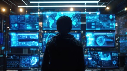 A person views many glowing blue screens displaying complex data, global maps, and digital interfaces in a high-tech room.