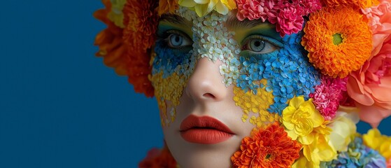 Vibrant colors and a distinctive artistic concept are displayed by a young woman with flowers on her face, who radiates beauty and tranquility against a blue backdrop.