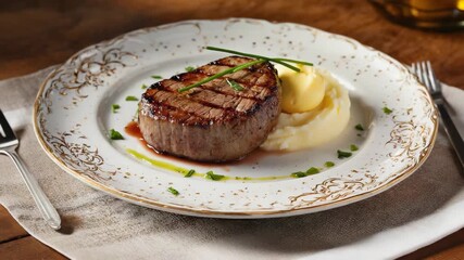 Grilled filet mignon steak served with creamy mashed potatoes on an elegant plate. Gourmet beef dish for a fine dining restaurant menu or culinary blog presentation
