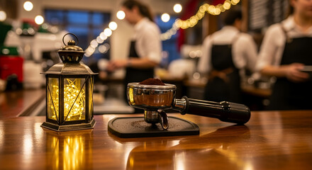 Coffee barista equipment with lantern on wooden counter in café