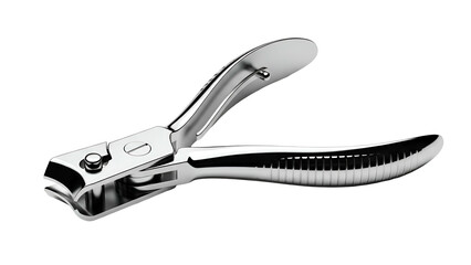 Close-up of a shiny, metallic fingernail clipper on a black background