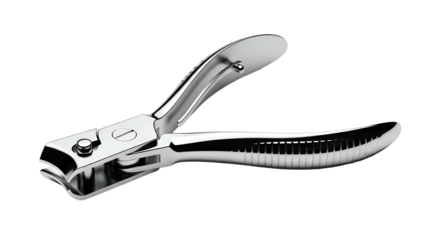 Close-up of a shiny, metallic fingernail clipper on a black background