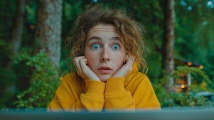 A young, brown-haired woman is working on a laptop indoors amid lush greenery, seeming surprised.