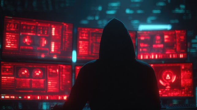 A mysterious hooded figure works at multiple glowing red computer screens displaying complex data and code, suggesting a cybersecurity or hacking session.