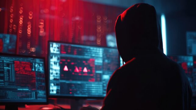 A hooded figure works intensely on multiple computer screens displaying complex code and warning signs in a dark, red-lit digital environment.