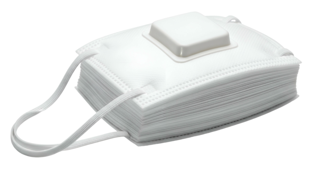 Stack of white protective face coverings with straps and a top air filtration device - Powered by Adobe